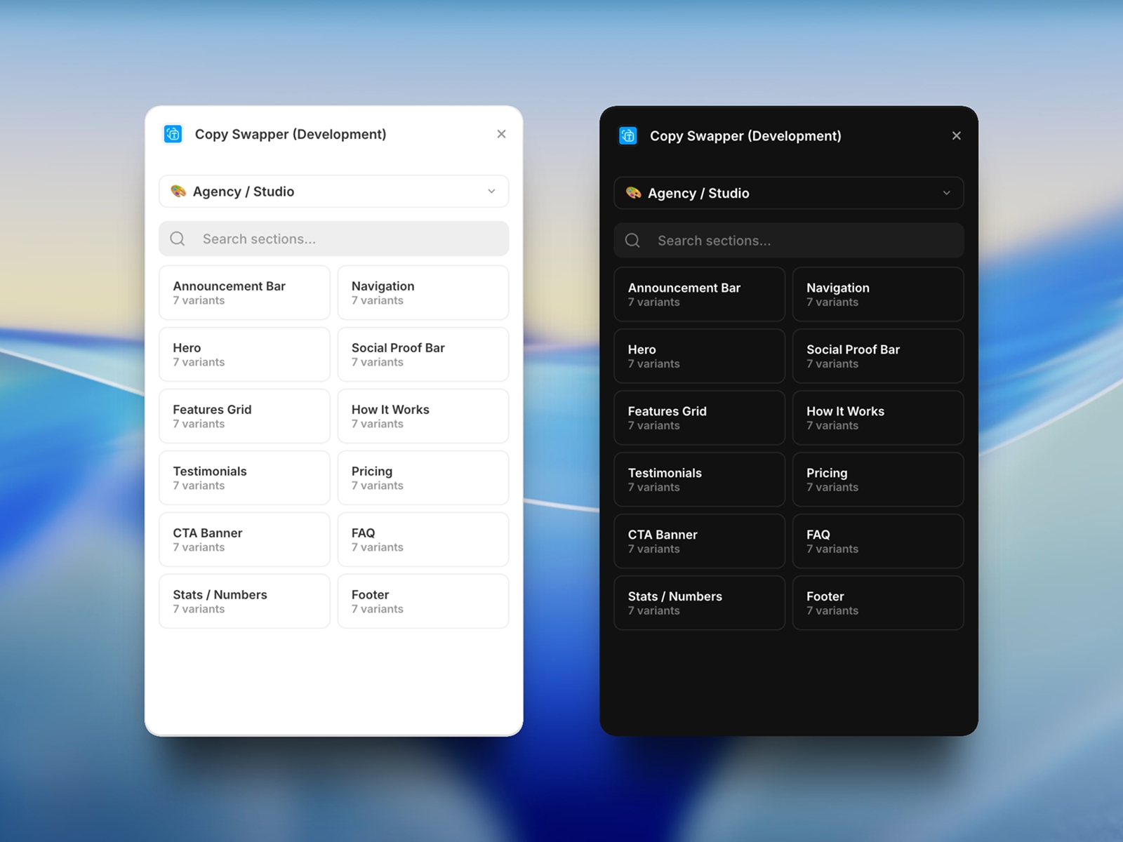 Thumbnail 1 for Copy Swapper, a Framer Marketplace template by Siddharth Ponnapalli.