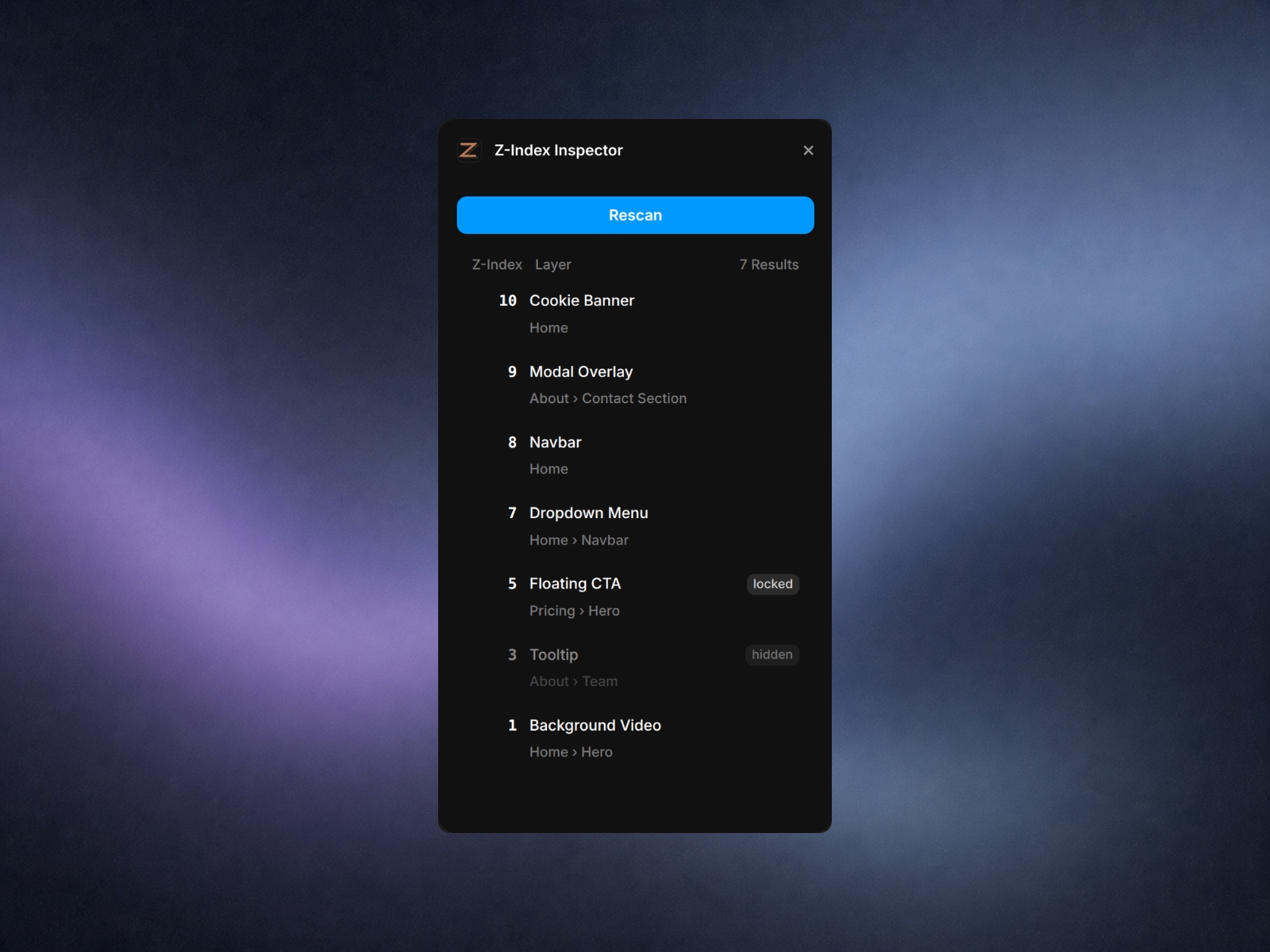 Thumbnail 2 for Z-Index Inspector, a Framer Marketplace template by ZenPrism.