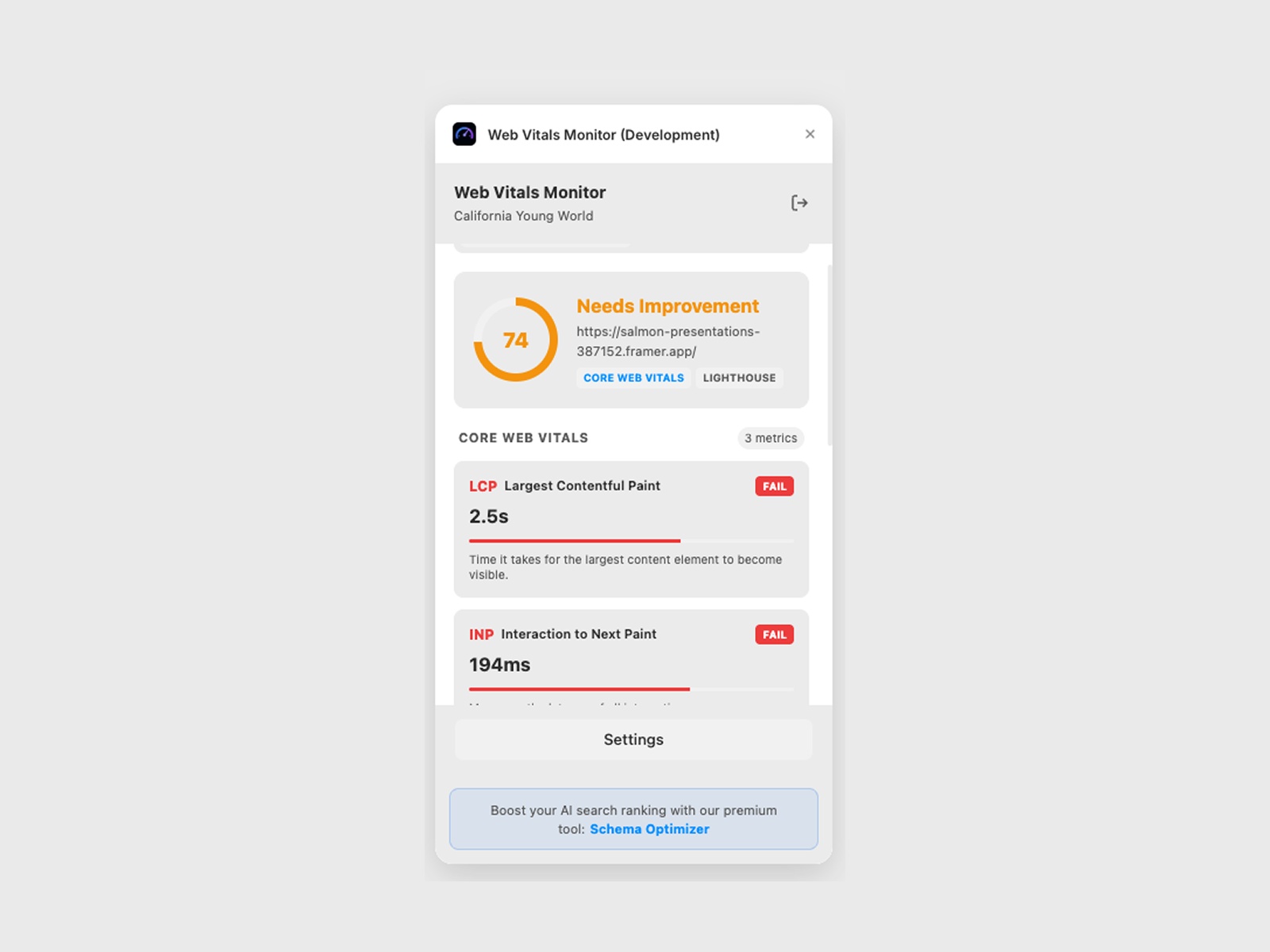 Thumbnail 1 for Web Vitals Monitor, a Framer Marketplace template by Alex Murillo.