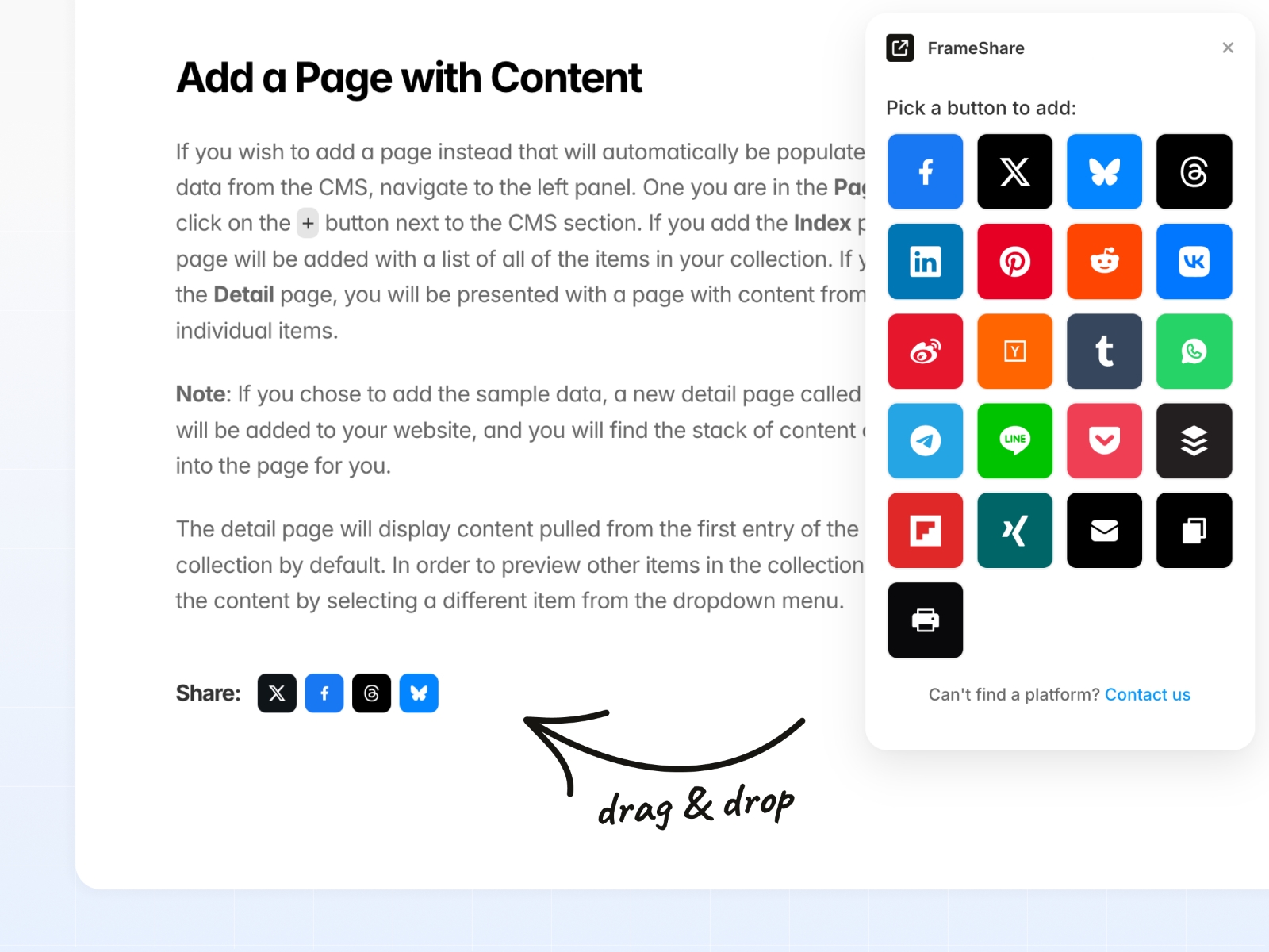 Thumbnail 2 for FrameShare - Social Share Buttons, a Framer Marketplace plugin by Julien Vier.