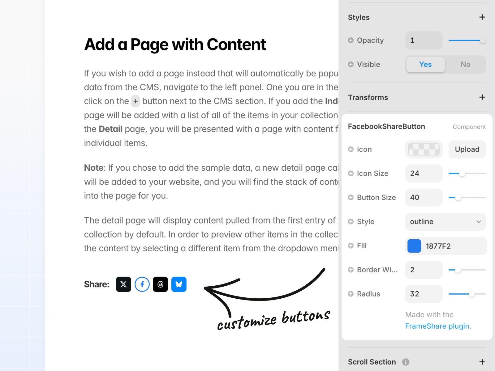 Screenshot 3 for FrameShare - Social Share Buttons, a Framer Marketplace plugin by Julien Vier.