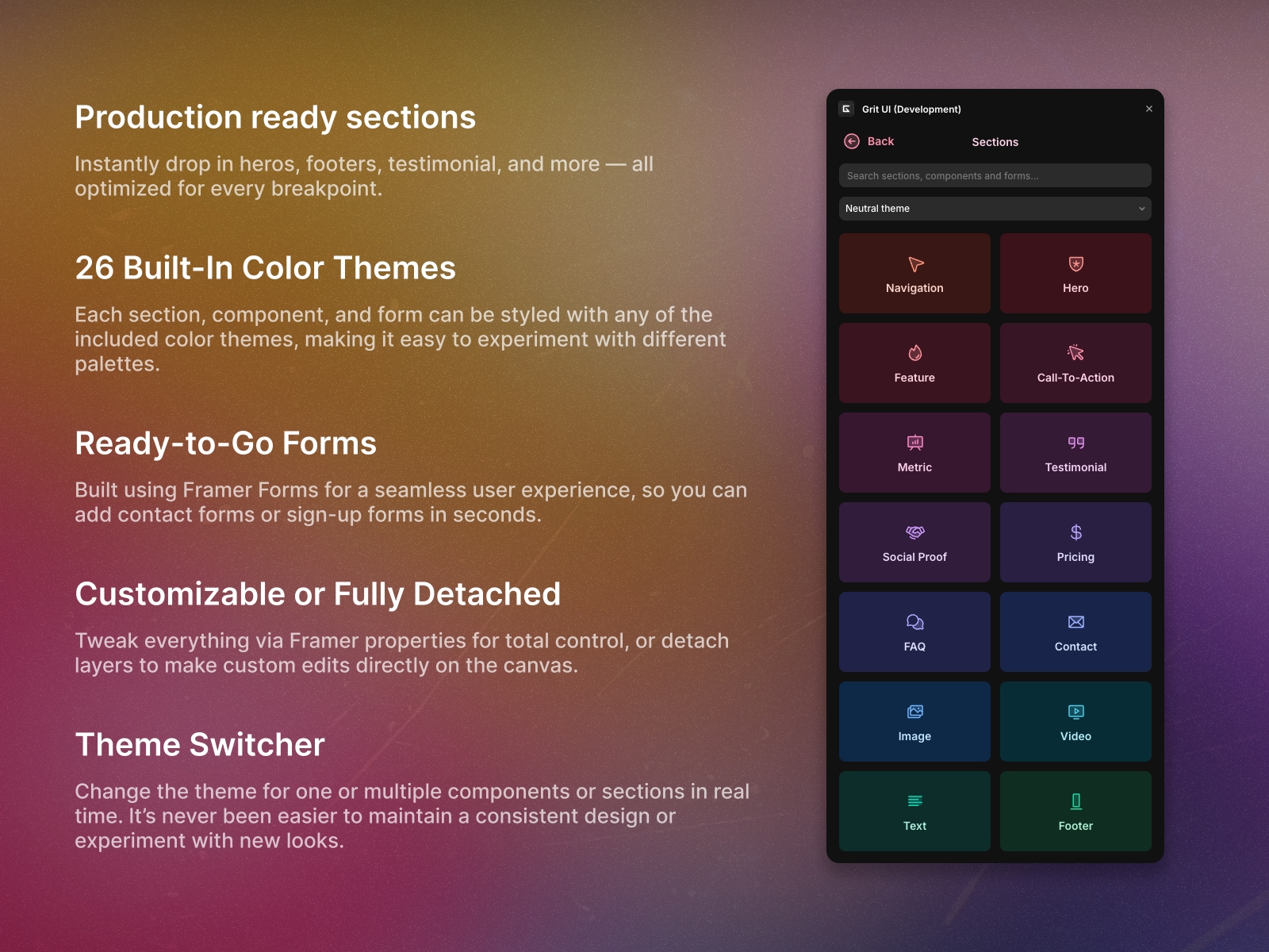 Thumbnail 2 for Grit UI, a Framer Marketplace plugin by Lauri Lännenmäki.