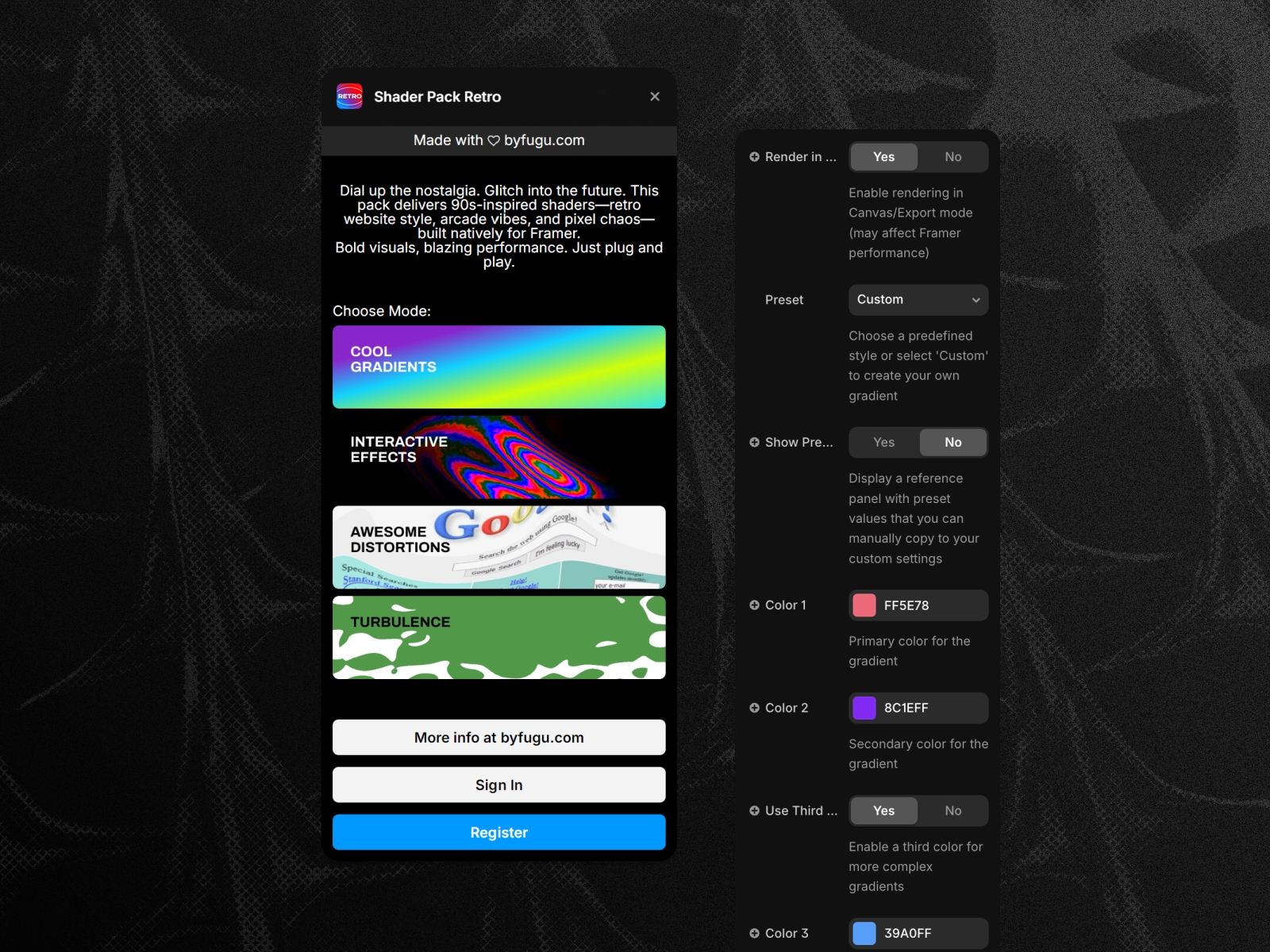 Thumbnail 1 for Shader Pack Retro, a Framer Marketplace plugin by byfugu.com.