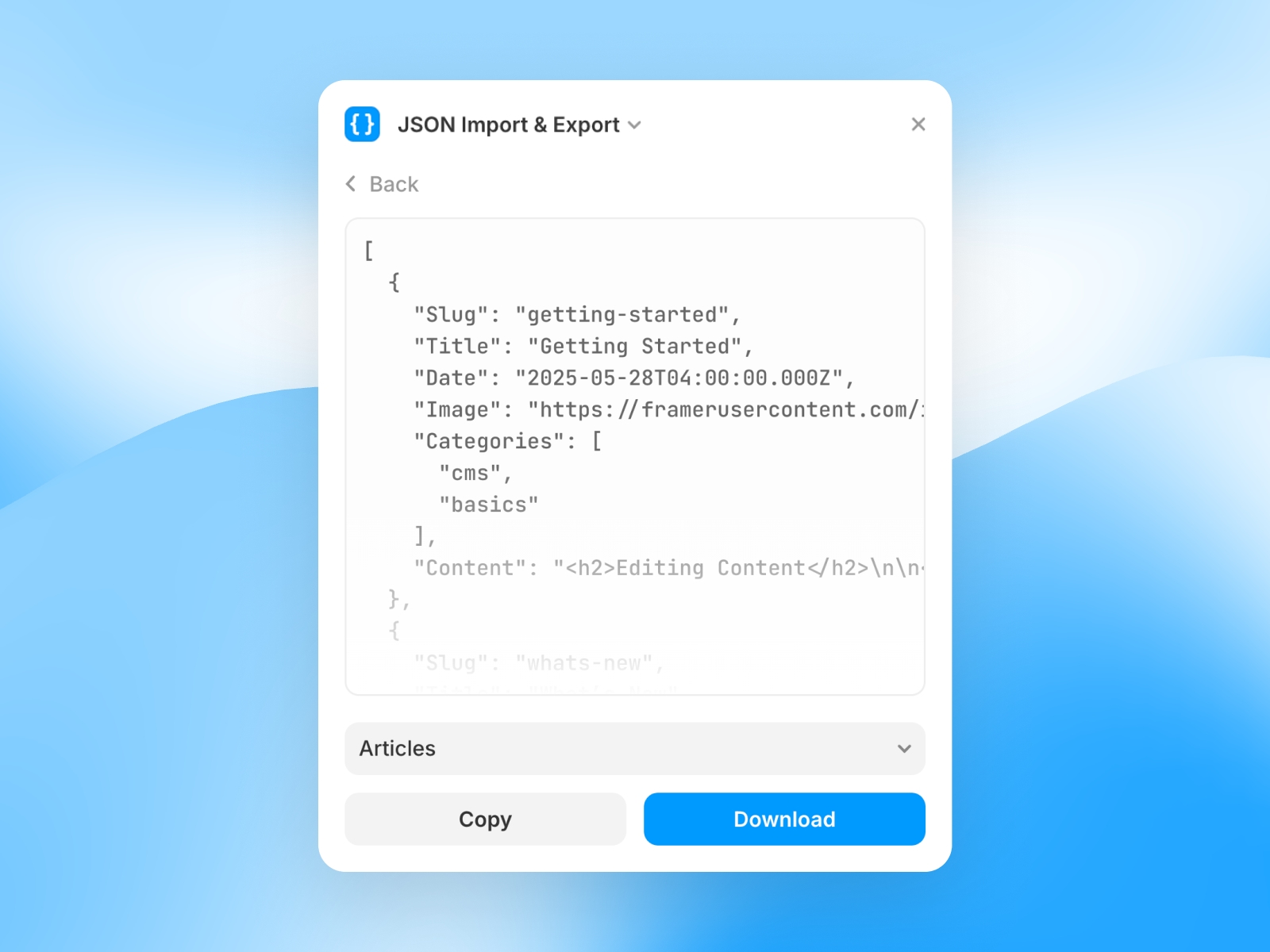 Screenshot 2 for JSON Import & Export, a Framer Marketplace plugin by Isaac Roberts.