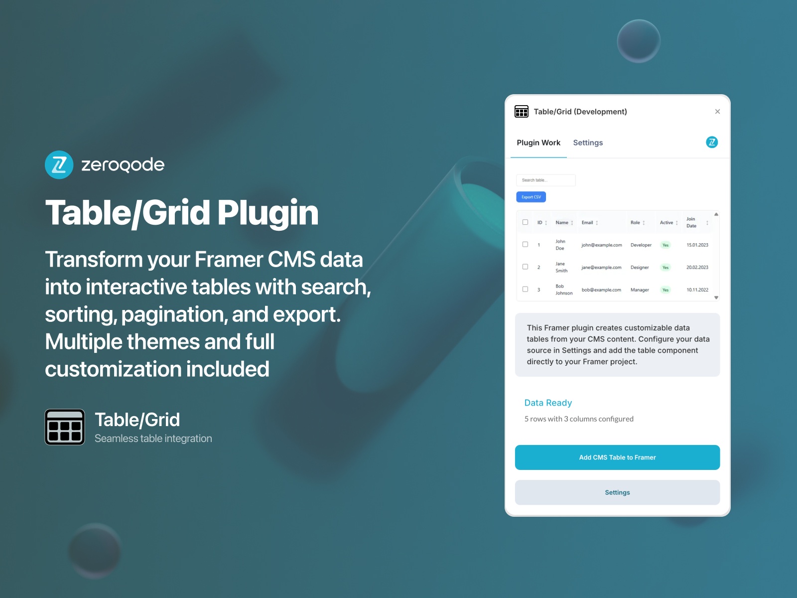 Thumbnail 1 for Table/Grid, a Framer Marketplace plugin by Zeroqode.