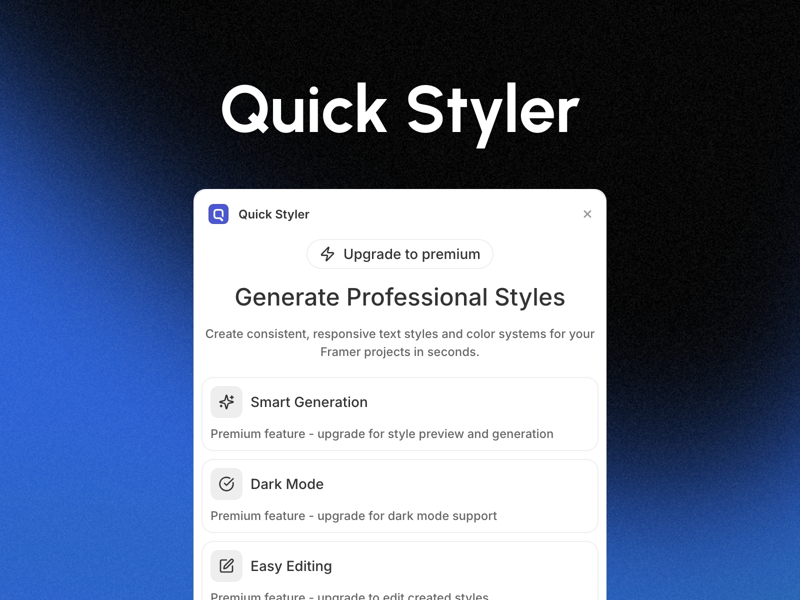 Thumbnail 1 for Quick Styler, a Framer Marketplace template by Fusioo Design.