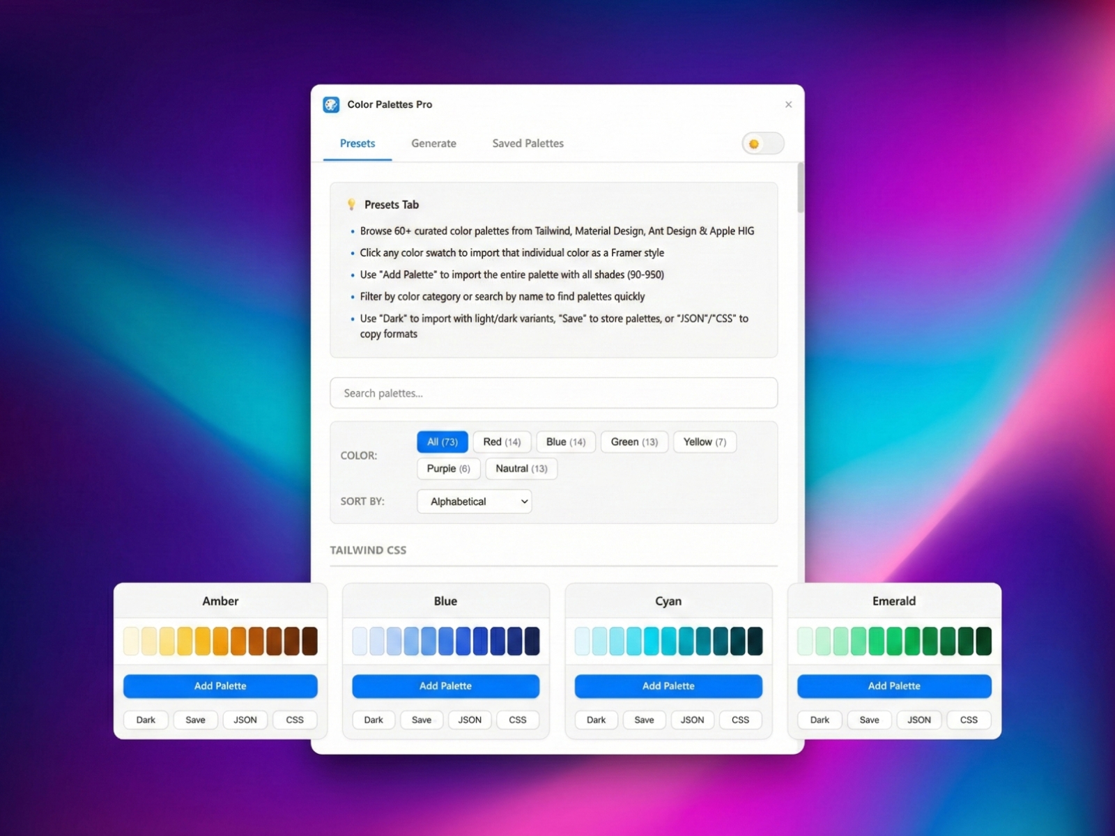 Thumbnail 1 for Color Palettes Pro, a Framer Marketplace template by Aidan Looker.