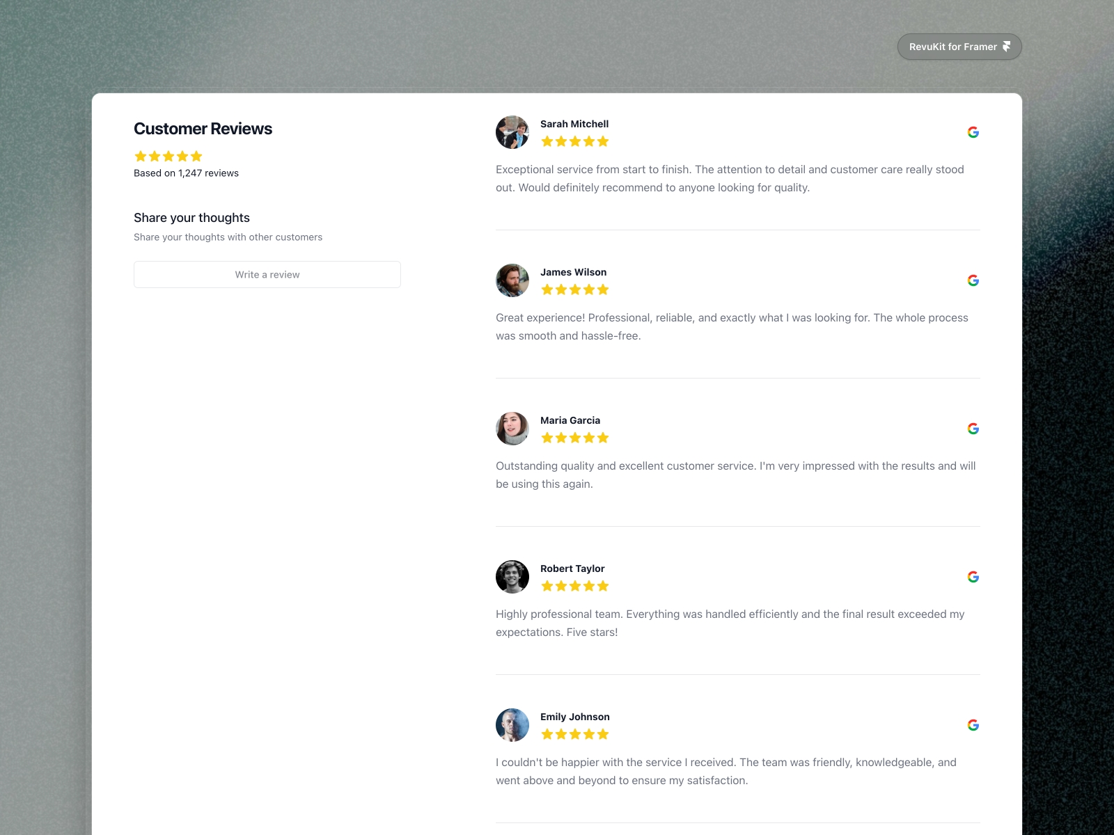 Screenshot 4 for RevuKit - Google Reviews, a Framer Marketplace plugin by Revukit Studio.