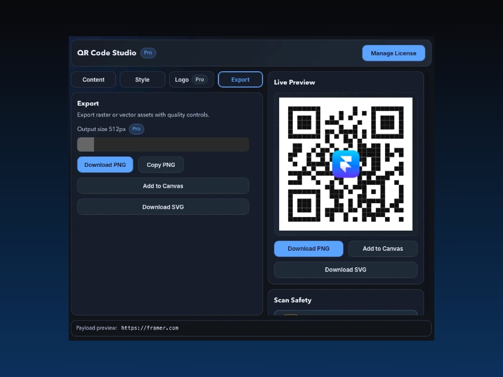 Screenshot 4 for QR Code Studio, a Framer Marketplace plugin by Kami.