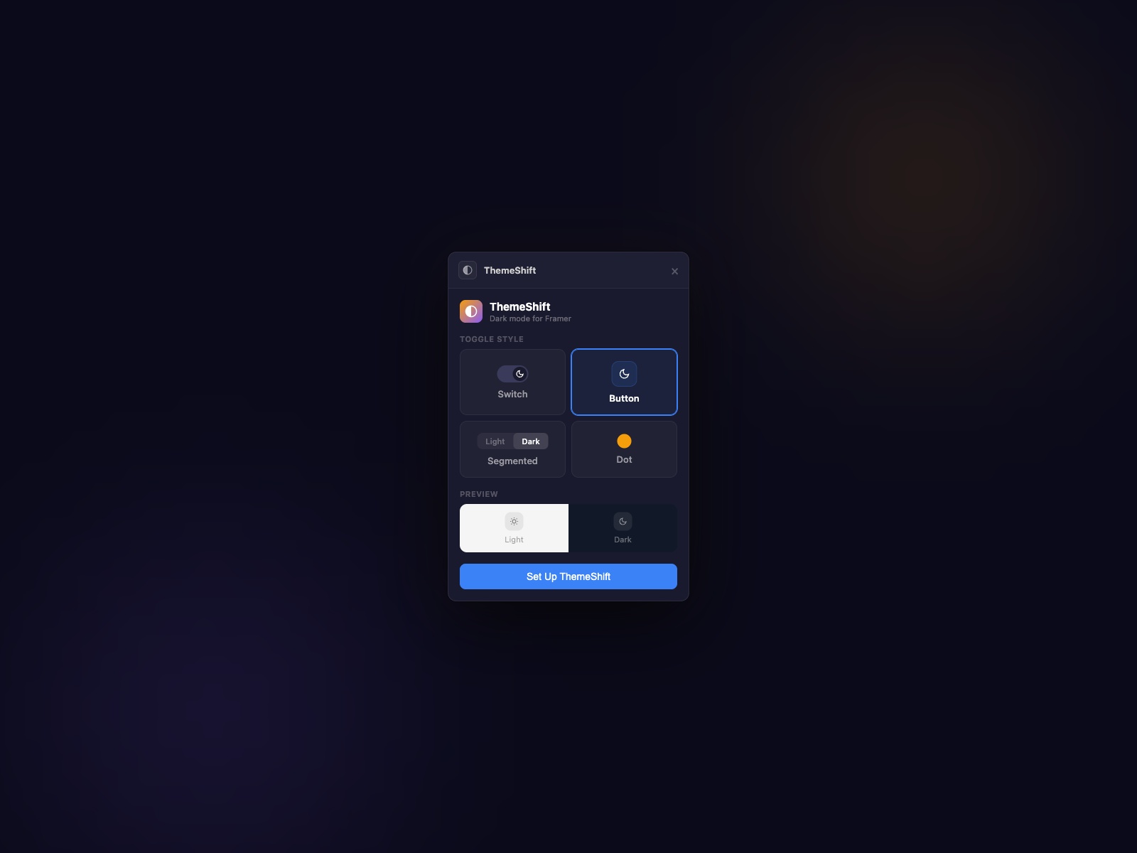 Screenshot 3 for ThemeShift — Dark Mode Toggle, a Framer Marketplace plugin by Proofly.ae.