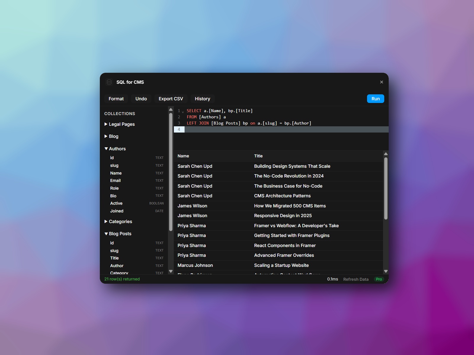 Screenshot 3 for SQL for CMS, a Framer Marketplace plugin by Mike Tulubaev.