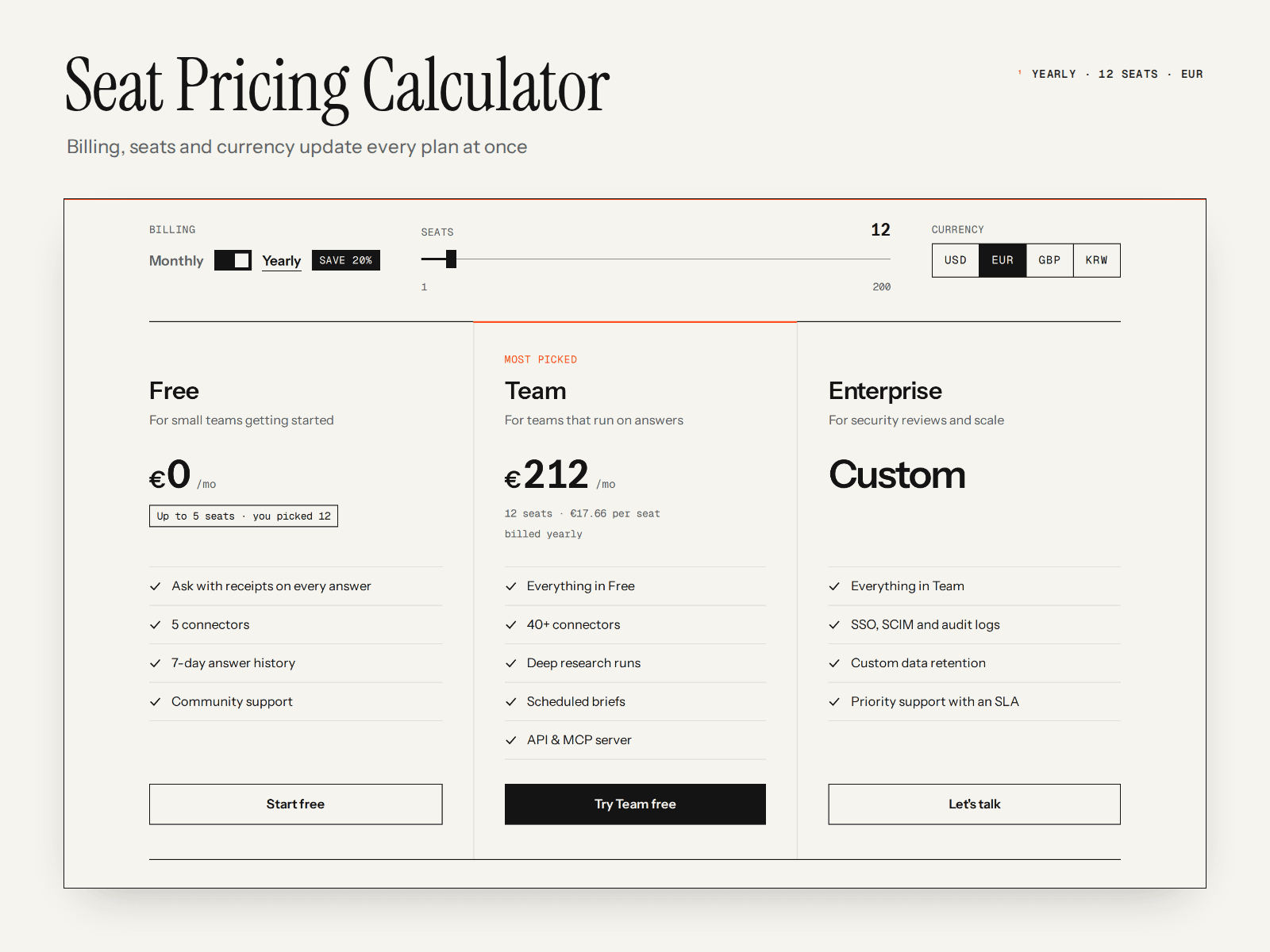 Seat Pricing Table