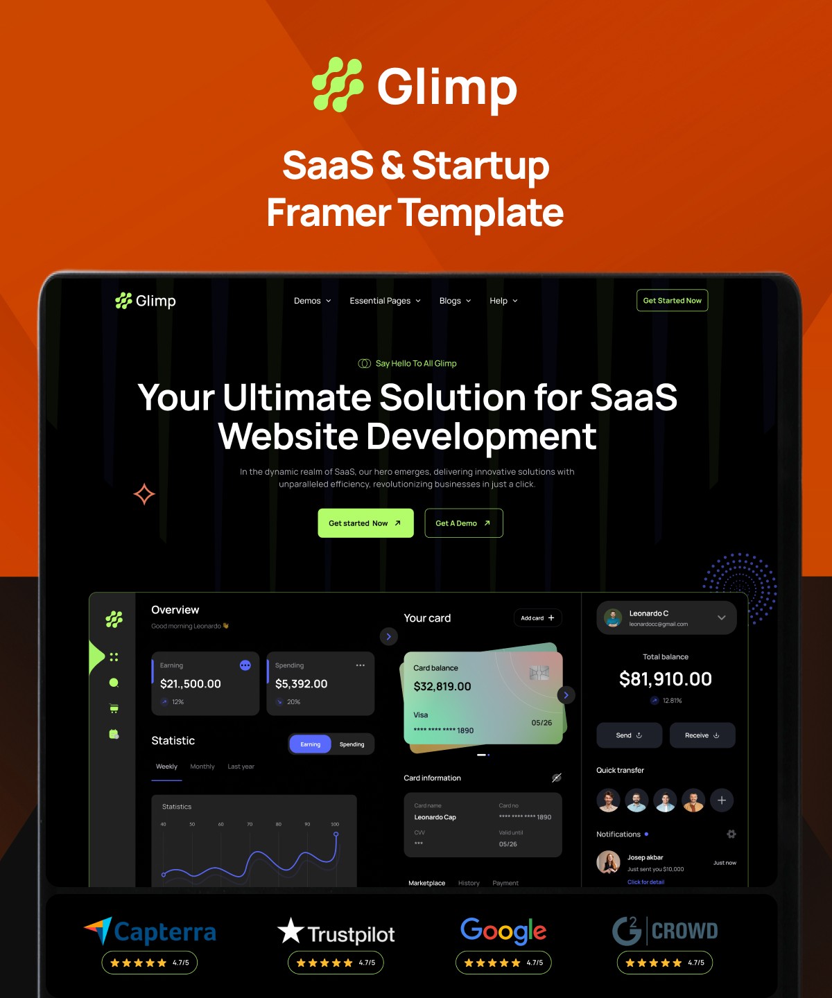 Screenshot 1 for Glimp, a Framer Marketplace template by FramerDevs.