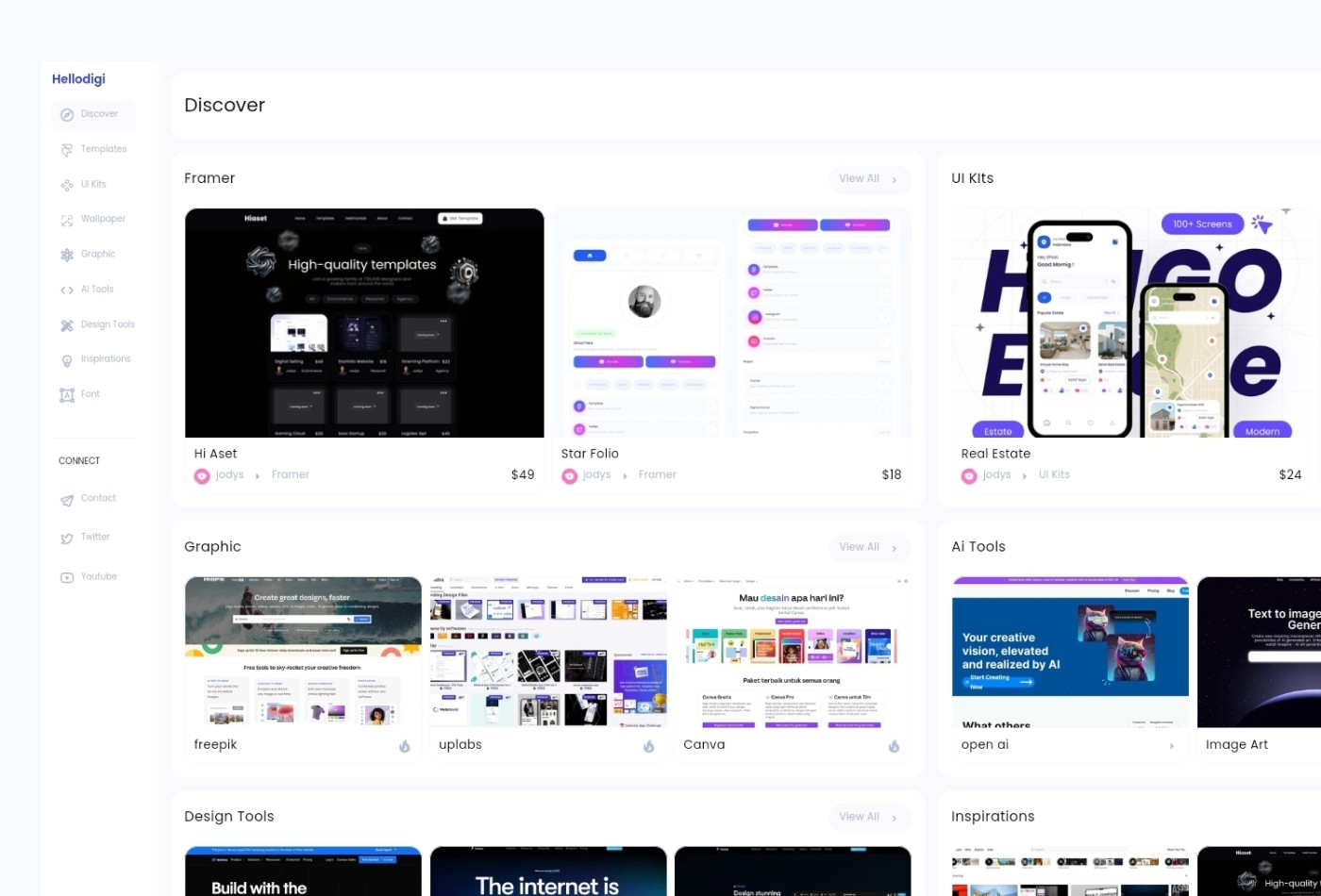 Screenshot 3 for Hellodigi, a Framer Marketplace template by jodysaptra.