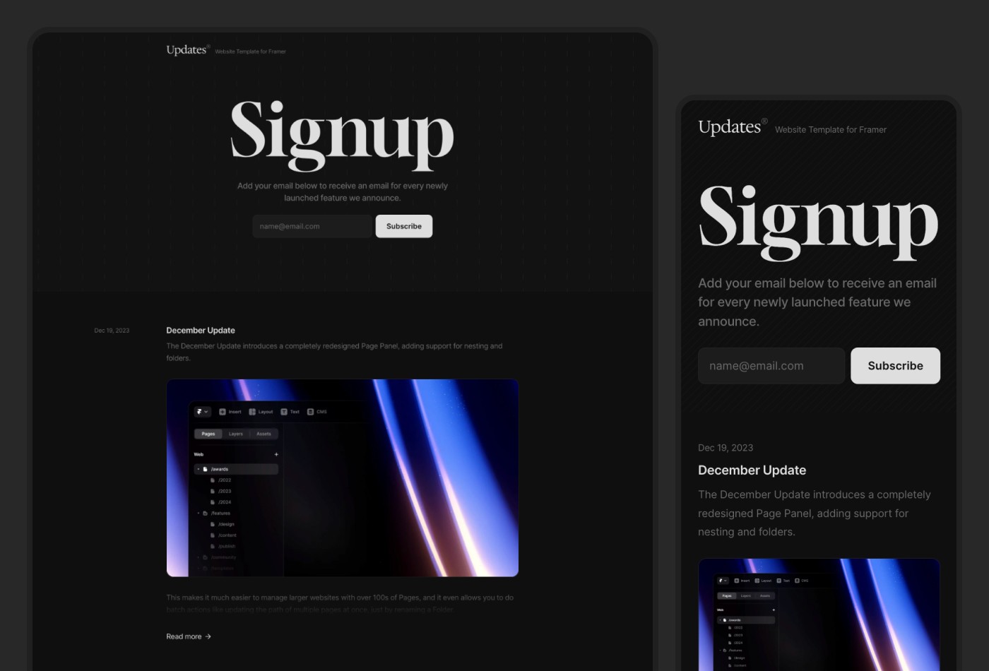 Screenshot 4 for Updates, a Framer Marketplace template by Cédric.