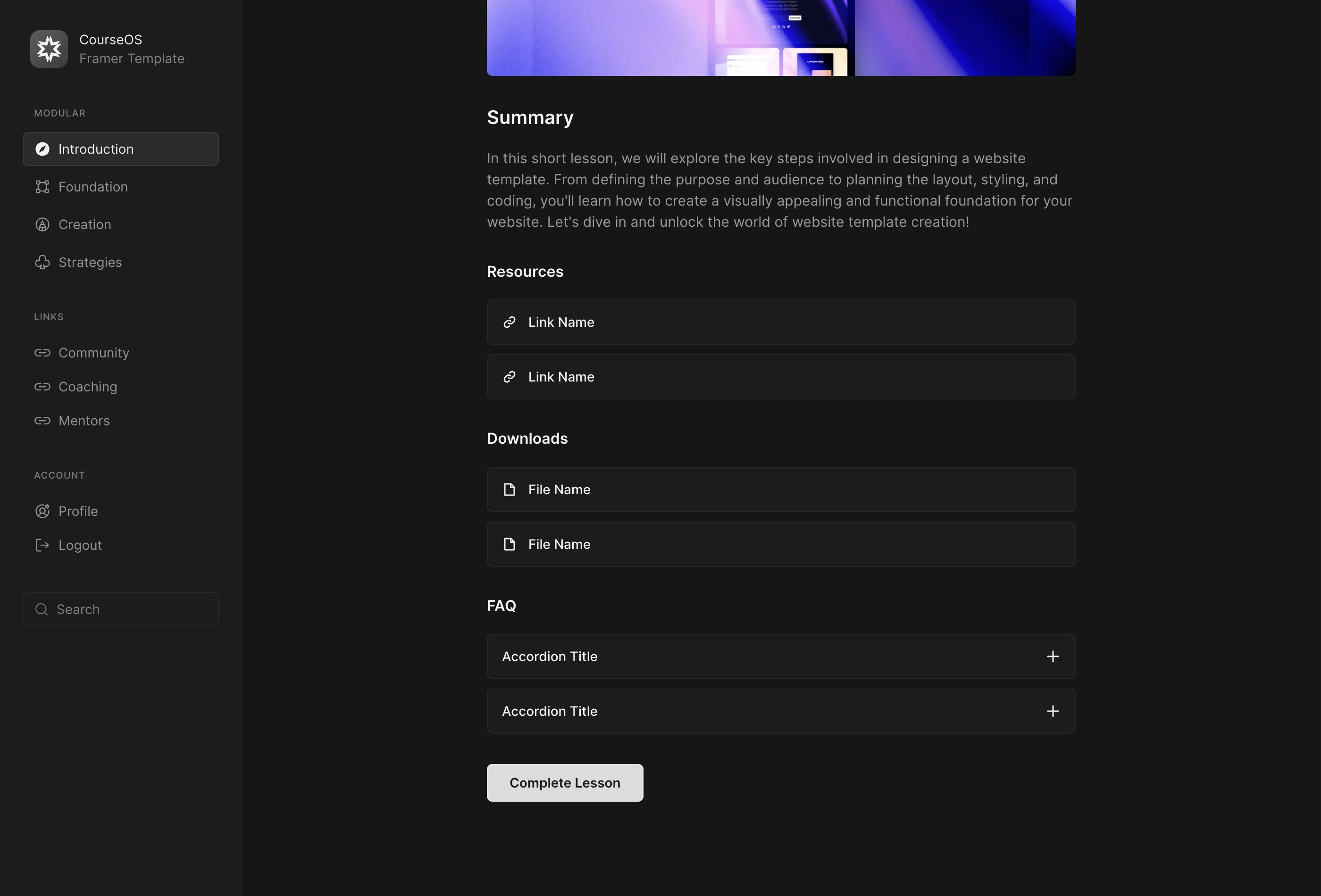 Screenshot 4 for CourseOS, a Framer Marketplace template by Cédric.