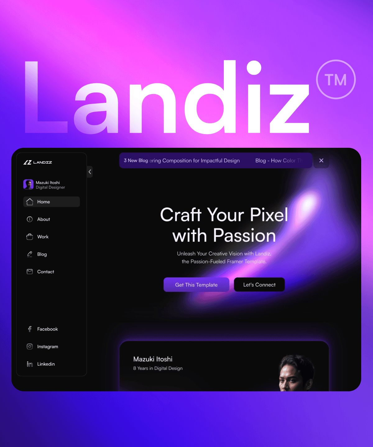 Screenshot 1 for Landiz, a Framer Marketplace template by Zaim Asri.